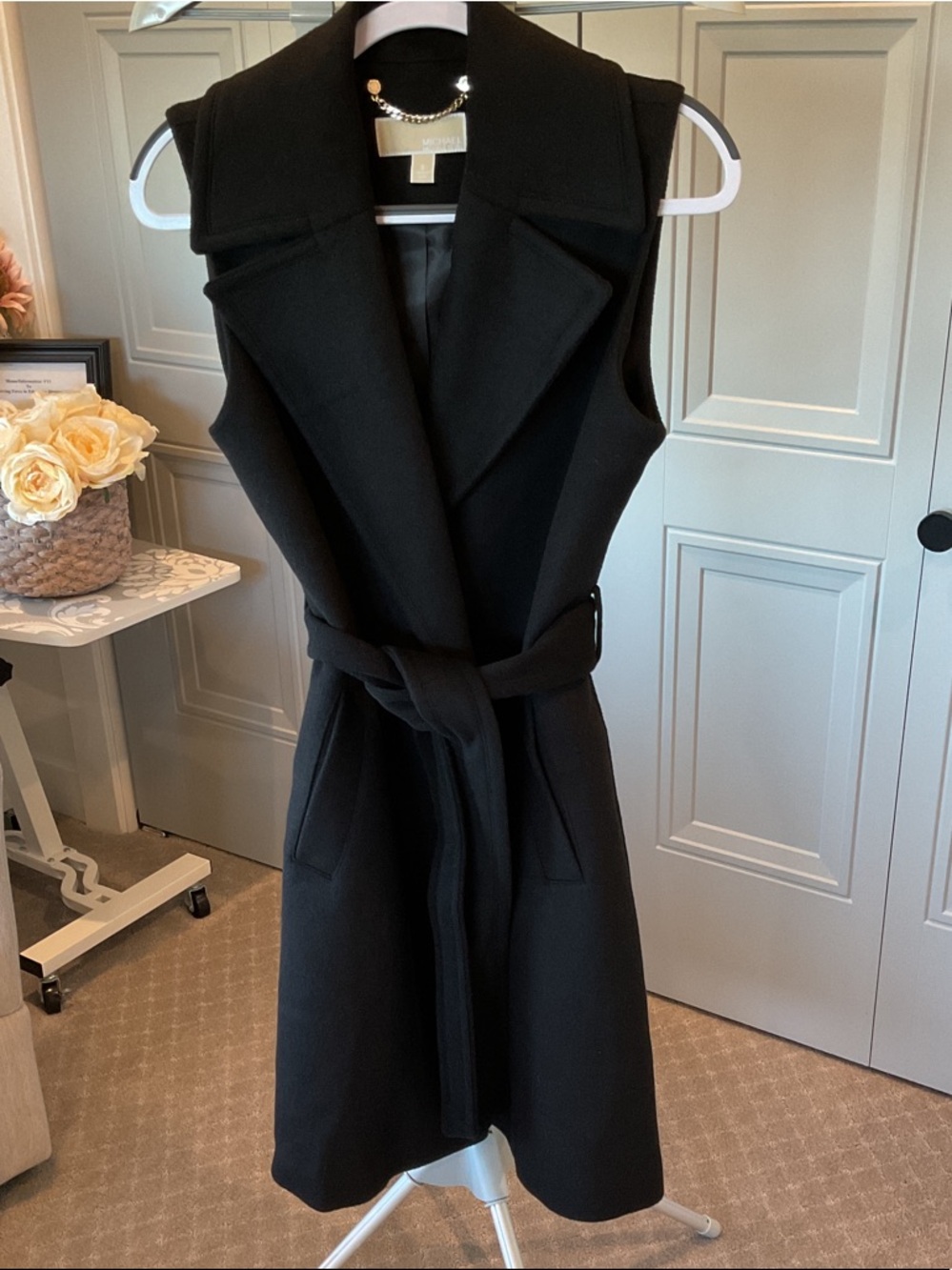 Michael Kors Black Sleeveless Belted Midi Vest Coat